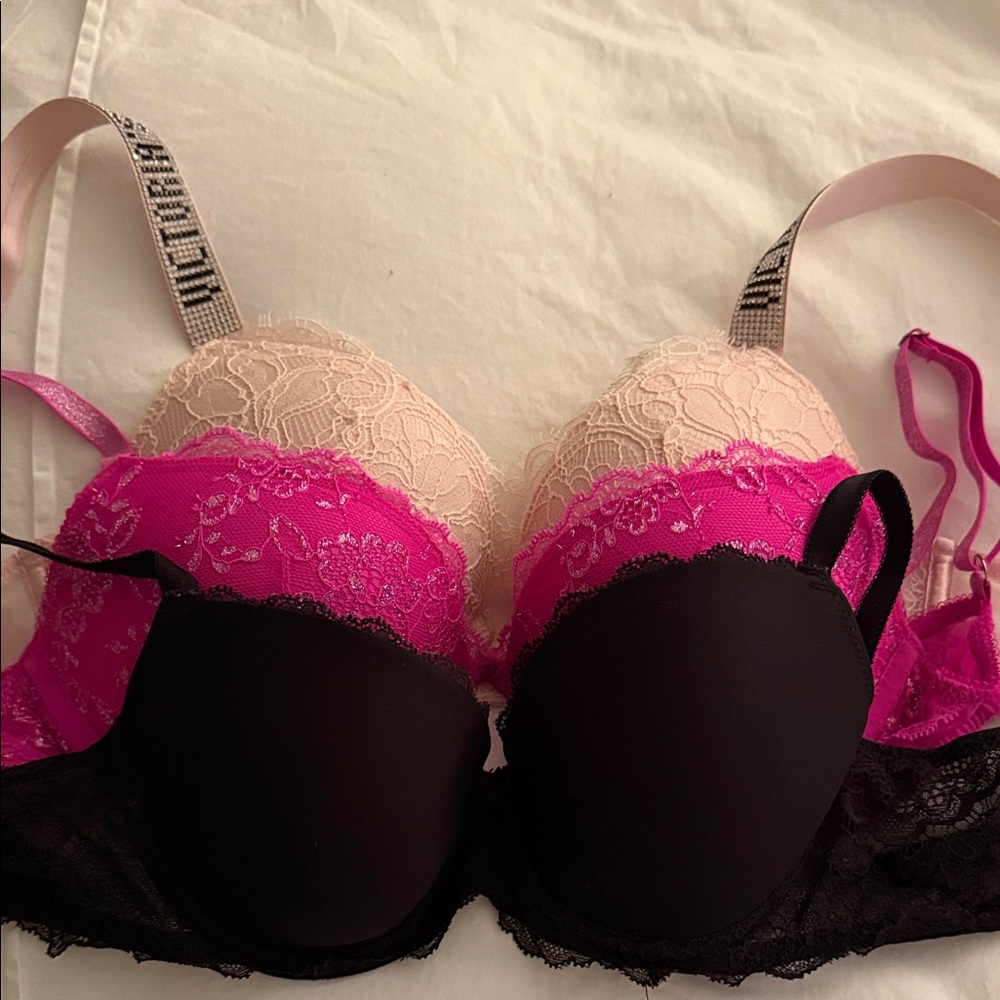 Victoria’s Secret Lace Push-Up Bra - Black, Pink, and Cream